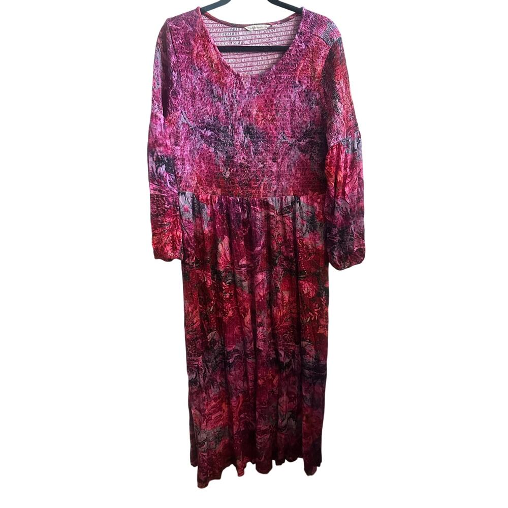 Soft Surroundings Womens PL Petite Large Pink Floral Smocked Maxi Dress Boho